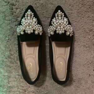 Black Pearl-Embellished Pointed Toe Flats